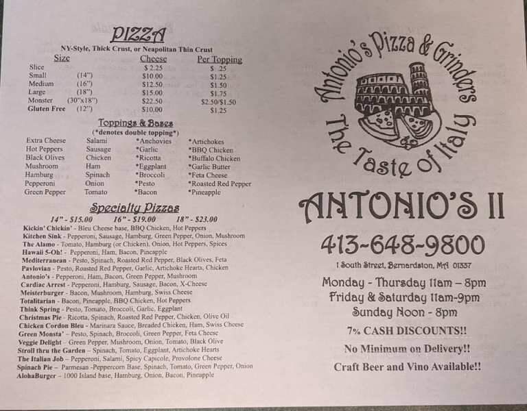 Antonio's II Pizza & Grinders - Bernardston, MA